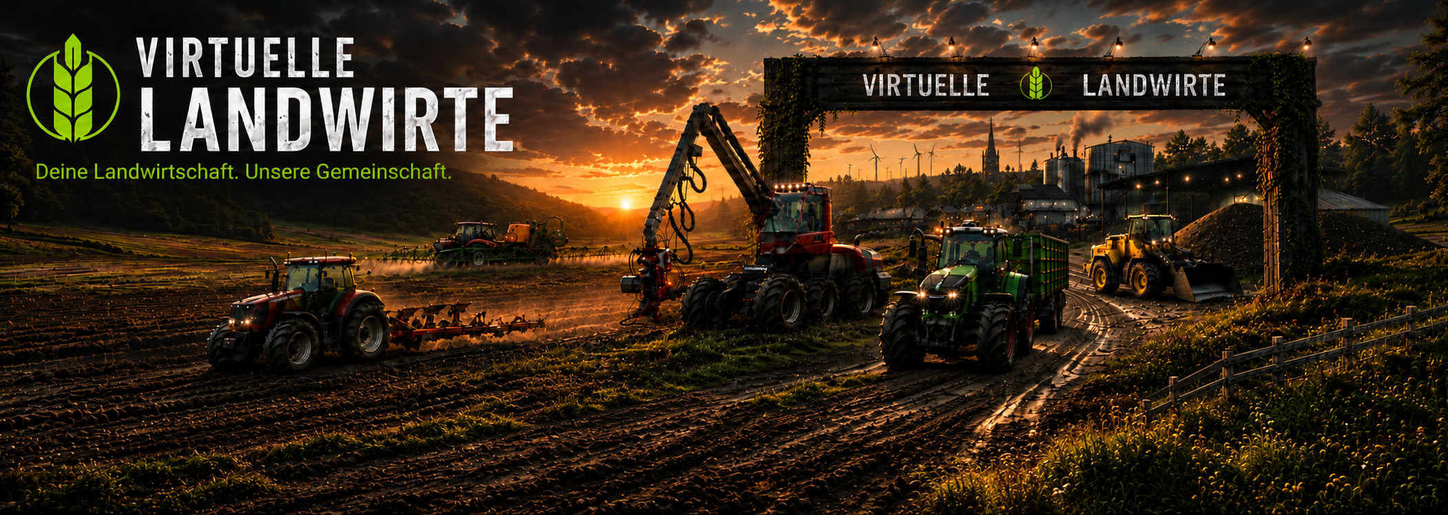 Virtuelle Landwirte: Traktoren und Forsttechnik bei Sonnenuntergang